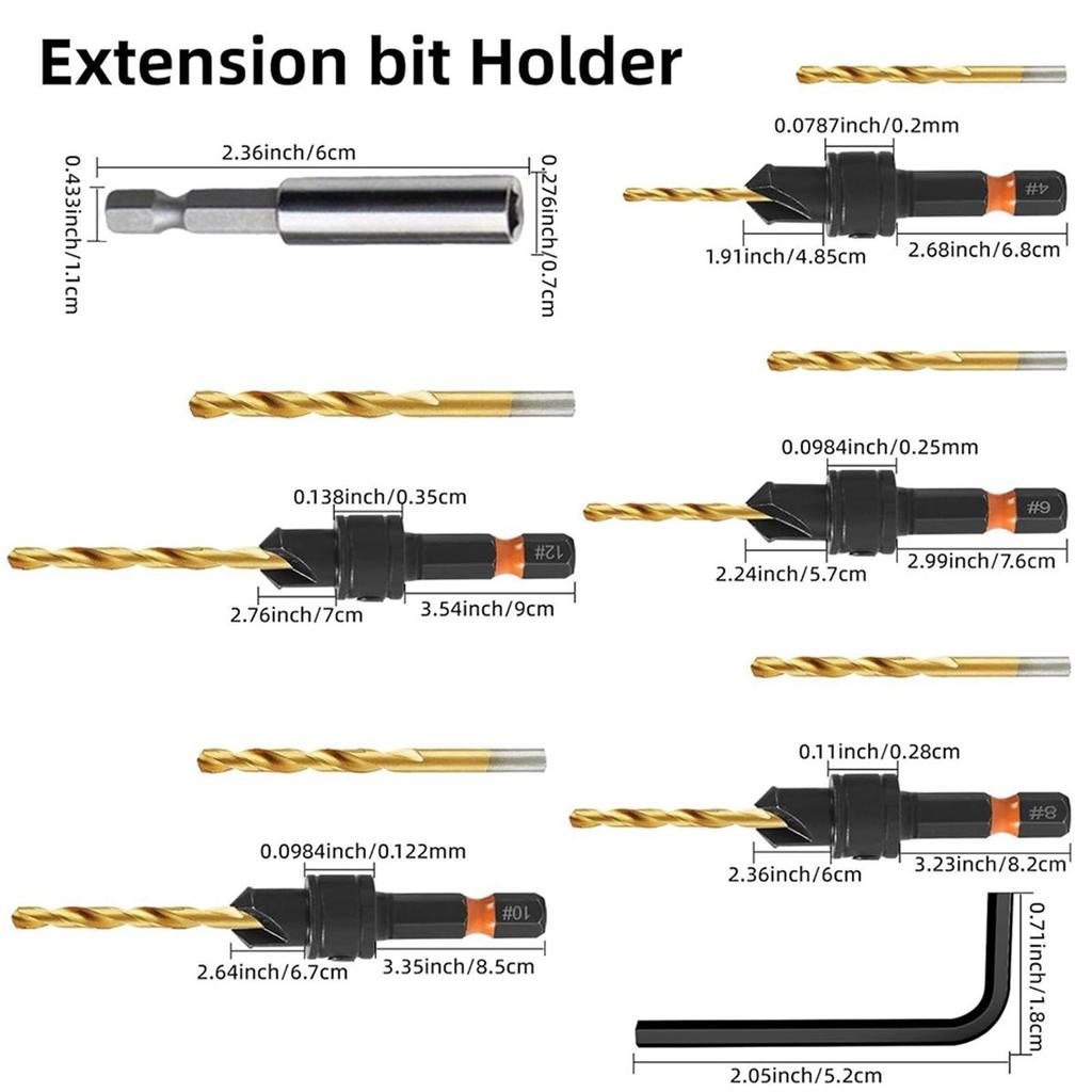 2026 New 12Pc HSS Adjustable Countersunk Drill Bits for Woodworking, Sizes 4, 6, 8, 10, 12, WithMagnetic Extension Drill Bit