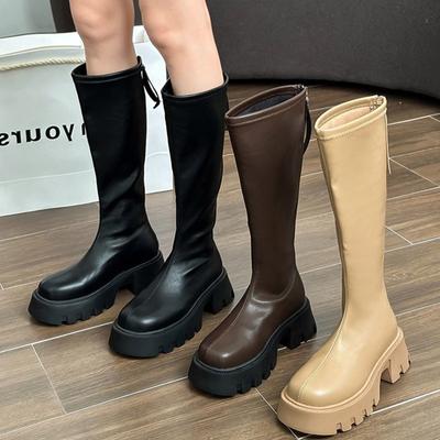 Modische Chunky Plateau Hohe Stiefel Damen Winter Herbst Leder PU Dicke Sohle Kniehoch Stiefel Damen Quadratische Spitze Rutschfest Lang Botas