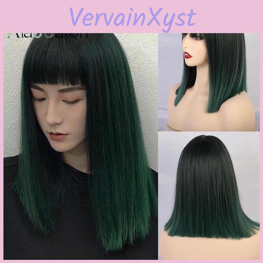 Eaton Medium Straight Women Alan Synthetic Wigs High Temperature Hair With Fringebangs Mix Green Black Bobo Lolita Cosplay Wig