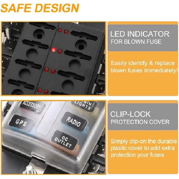 10-Way Fuse Box Blade Fuse Block Holder with LED 1Pcs 10-Way Blade Fuse Box