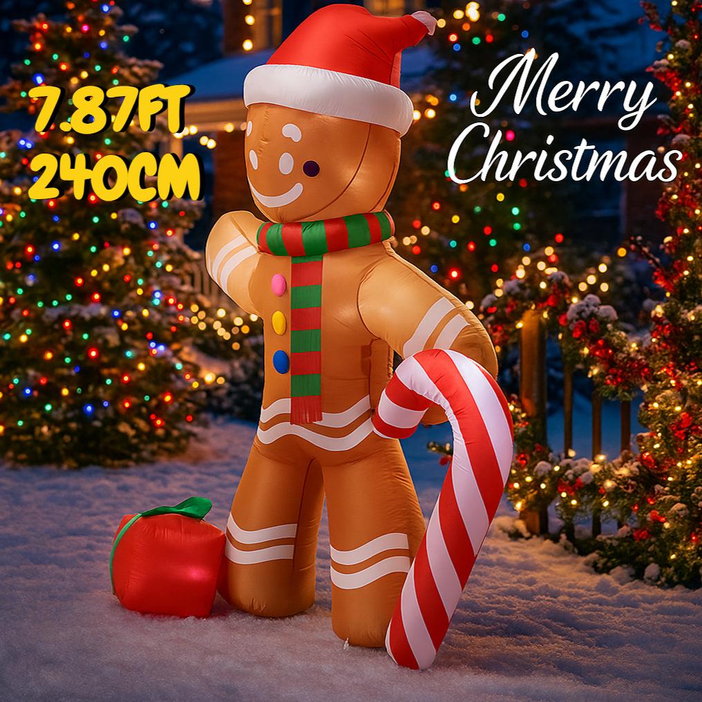 7.87FT Inflatable Gingerbread Man Christmas Home Decoration LED Xmas Yard Party Ornament Candy Cane Festive Gift Toy Supplies