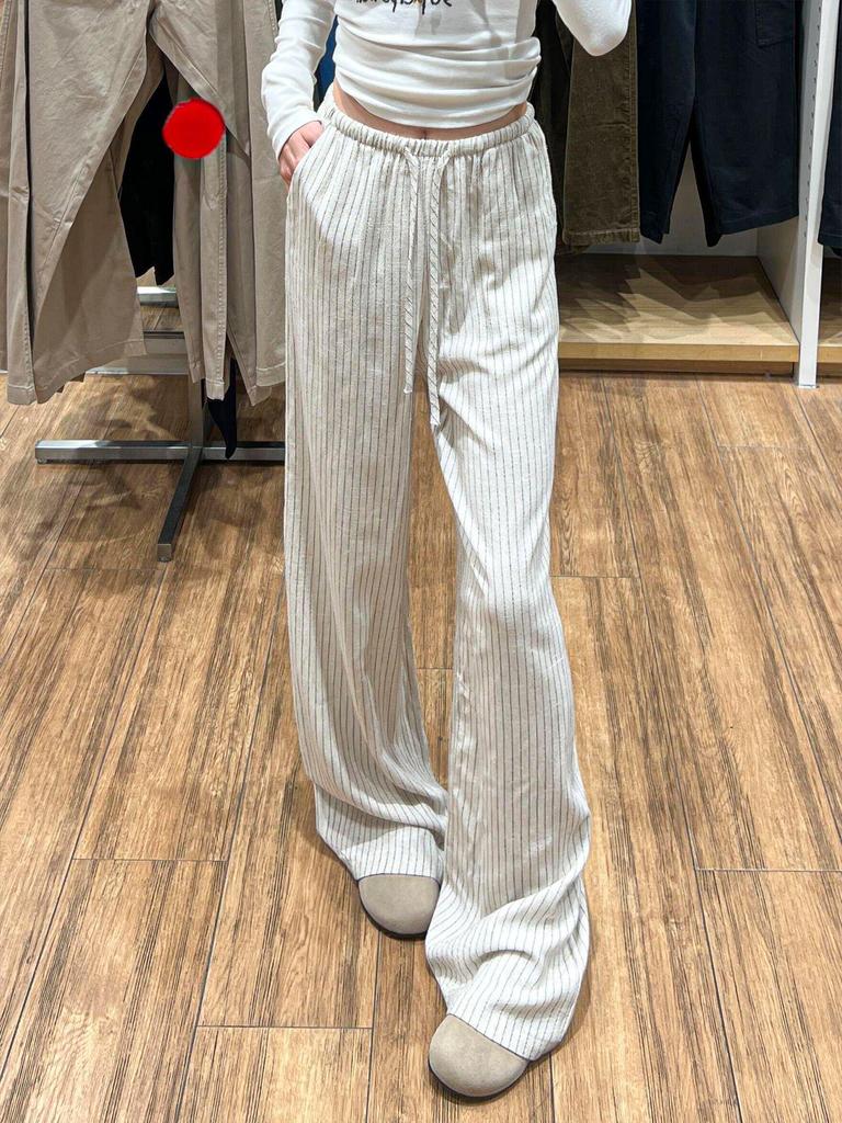 Apricot Striped Linen Wide-Leg High-Waisted Pants for Women - Slimming, Loose, and Casual for Spring 2026.