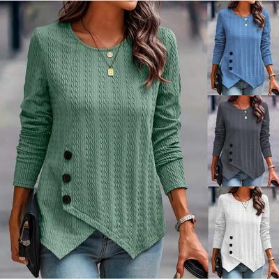 Neues Top Jacquard Langarm-T-Shirt Retro Slim Langarm Rundhals Knopf Gestrickter Pullover
