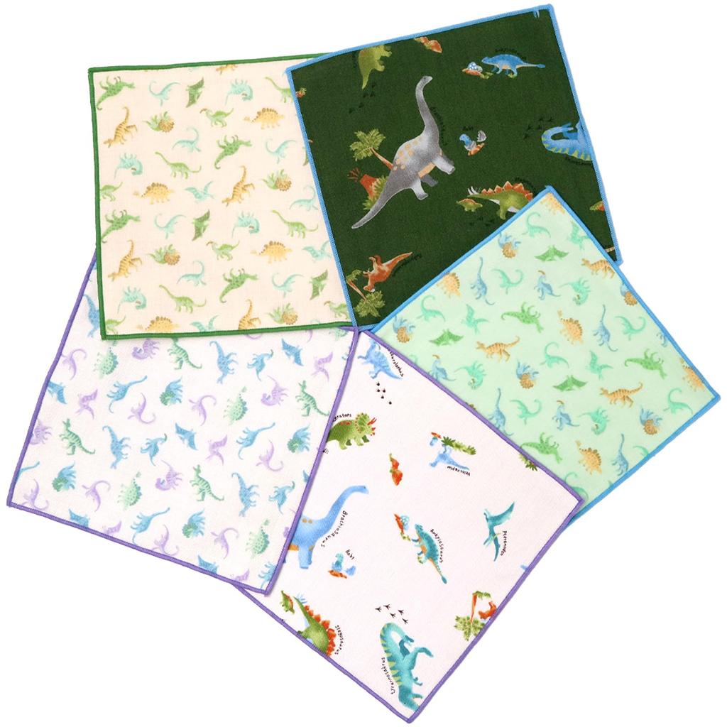 Handkerchiefs in Cotton Gauze Handkerchiefs with Cute Patterns Antibacterial Mini [cluster] Kids' [Made Japan] 100% (5 Handkerchiefs/Jurassic Set)