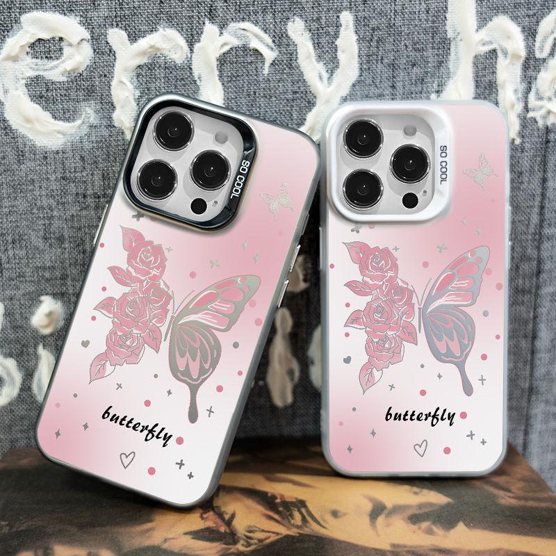 Apple 15 Pro Max Colorful Silver Phone Case (14/13/12), Creative Trendy Style, Cute Butterfly Rose Colorful Silver