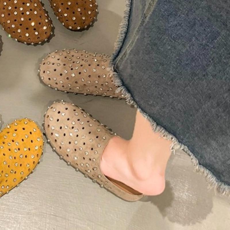 Rhinestone Hollow Baotou Spring Slippers Women's Outside Breathable New Round Head Foot Slip Fashion Flat Bottom Half Support