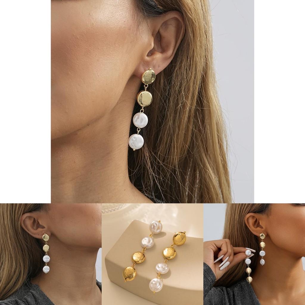 Chic Long Gold Round Pearl Earrings Minimalist Geometric Design For Women 2023