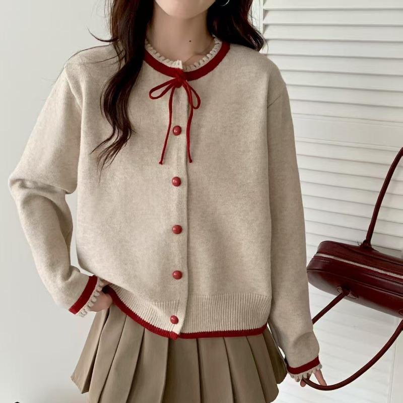 Autumn and Winter New Lace Neckline Lace-up Sweater Jacket Women's Knitted Cardigan Soft Waxy Short Top