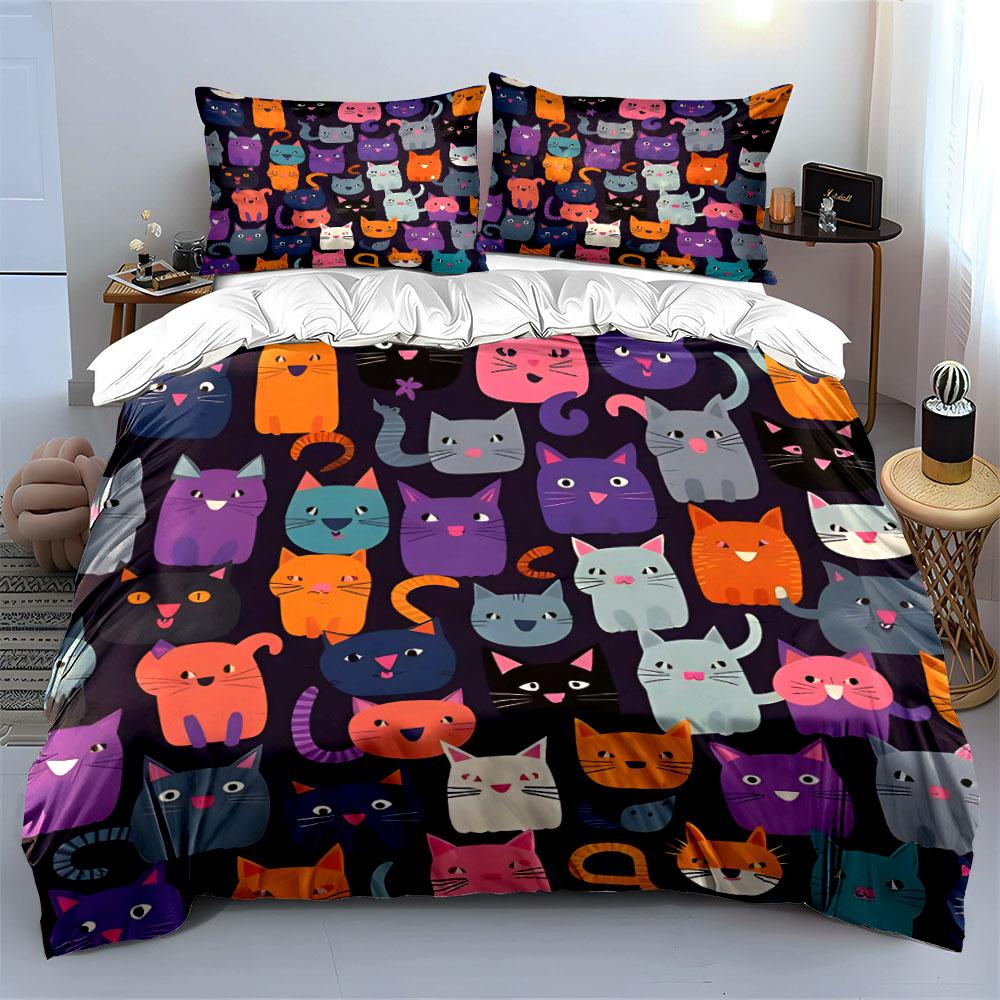 Colorful Cartoon Cats Pattern Bedding Duvet Cover Set (1*Duvet Cover 2*Pillowcases, without duvet insert)