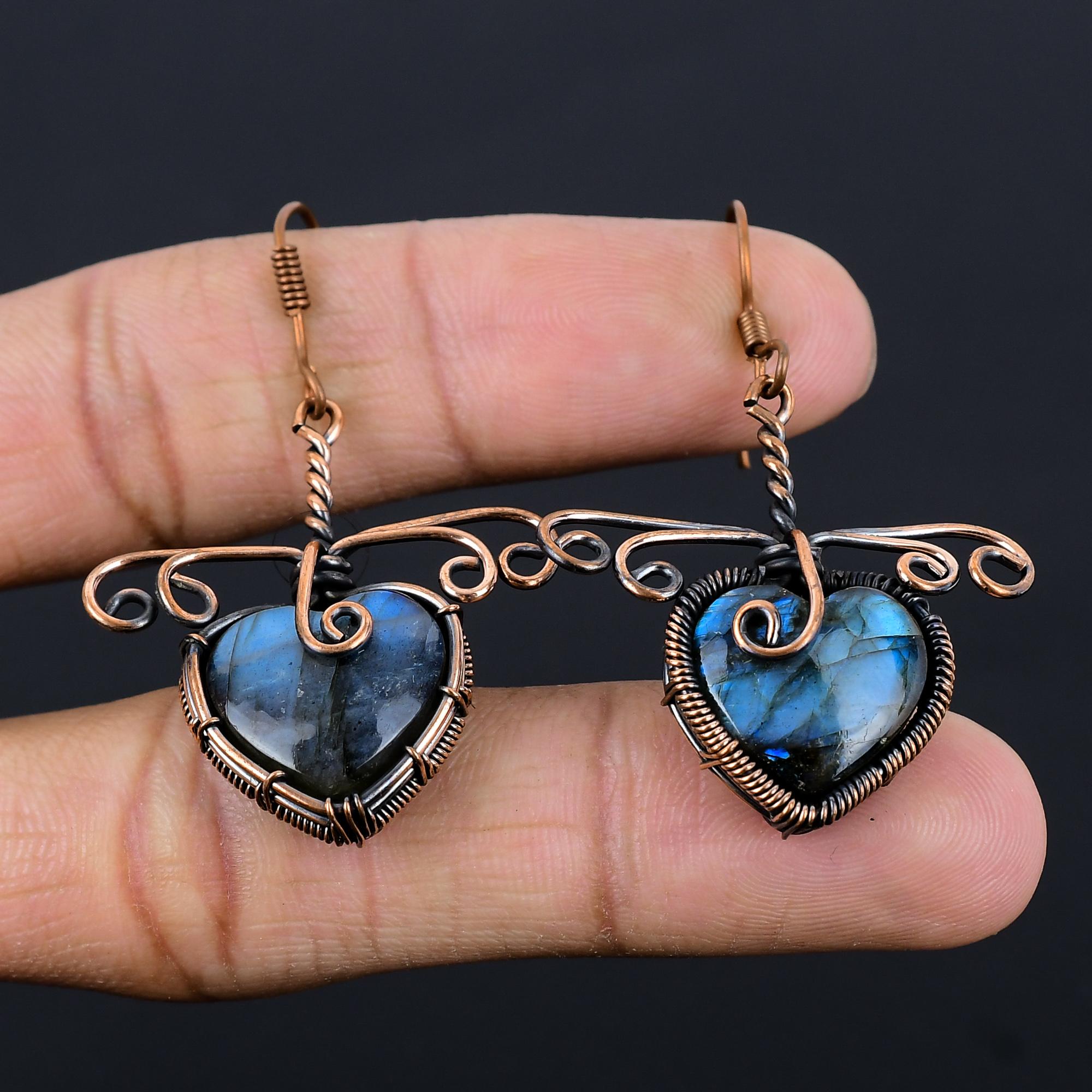 

Серьги из лабрадорита, обернутые медной проволокой 999 пробы, Ювелирные изделия с драгоценными камнями ручной работы, Подарки для жены, Совершенно новые серьги 2.55 Inches