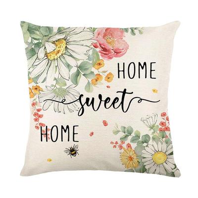 Spring Collection Linen Pillow Cover with Printed Floral Design and 'Home Sweet Home' Text