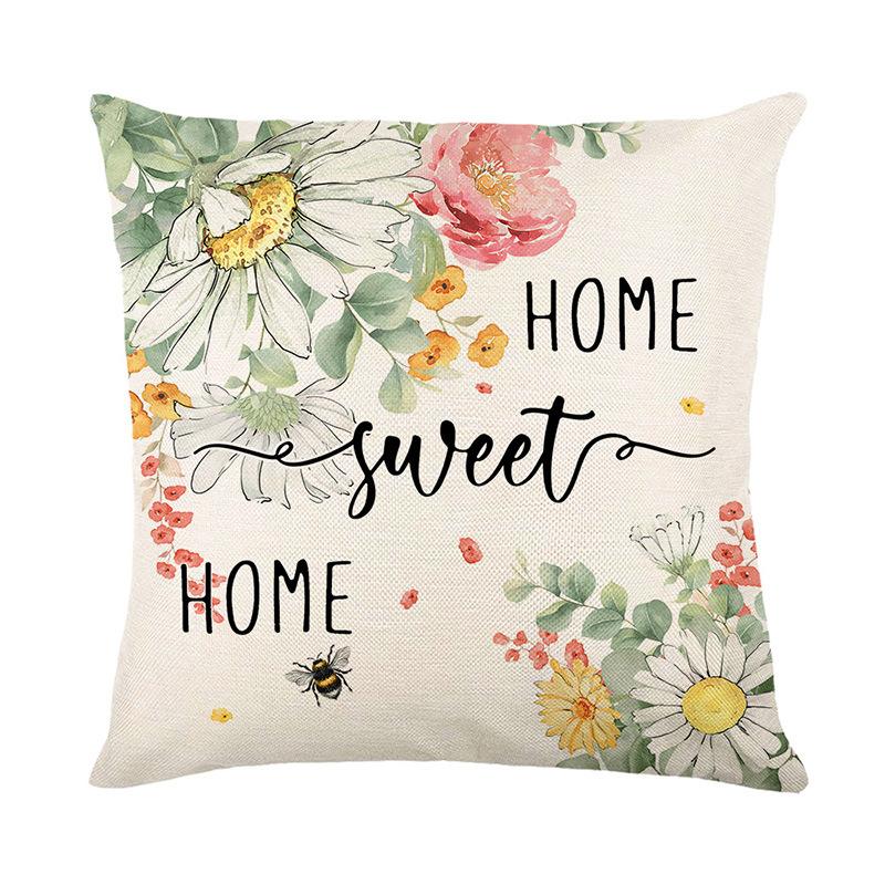 Spring Collection Linen Pillow Cover with Printed Floral Design and 'Home Sweet Home' Text