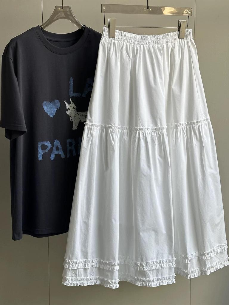 Spring 2026 High Waist Patchwork Wood Ear Ruffle Korean Style Long Cake Skirt