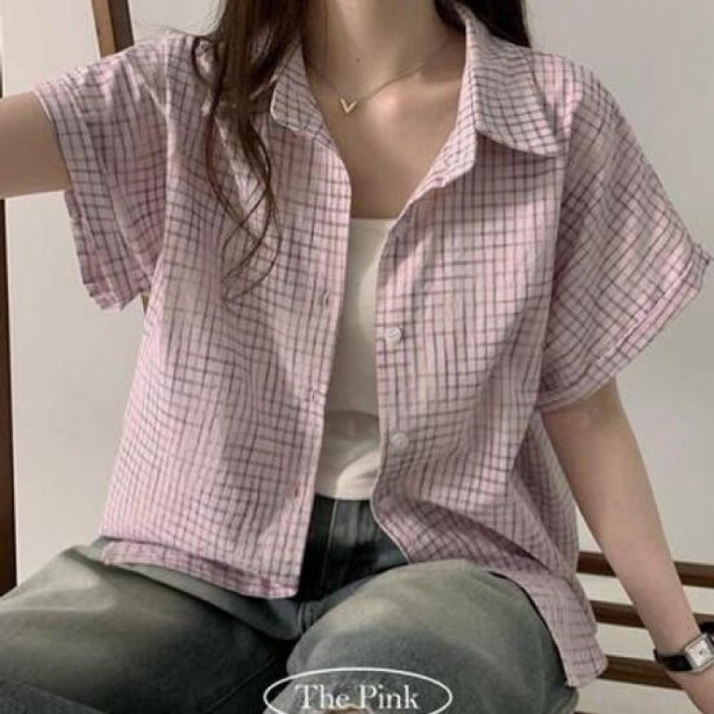 The Pink Men Overfit Check Roll Up Short Sleeve Shirt