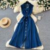 Premium lapel sleeveless single-breasted waist denim dress women's summer thin temperament elegant long dress