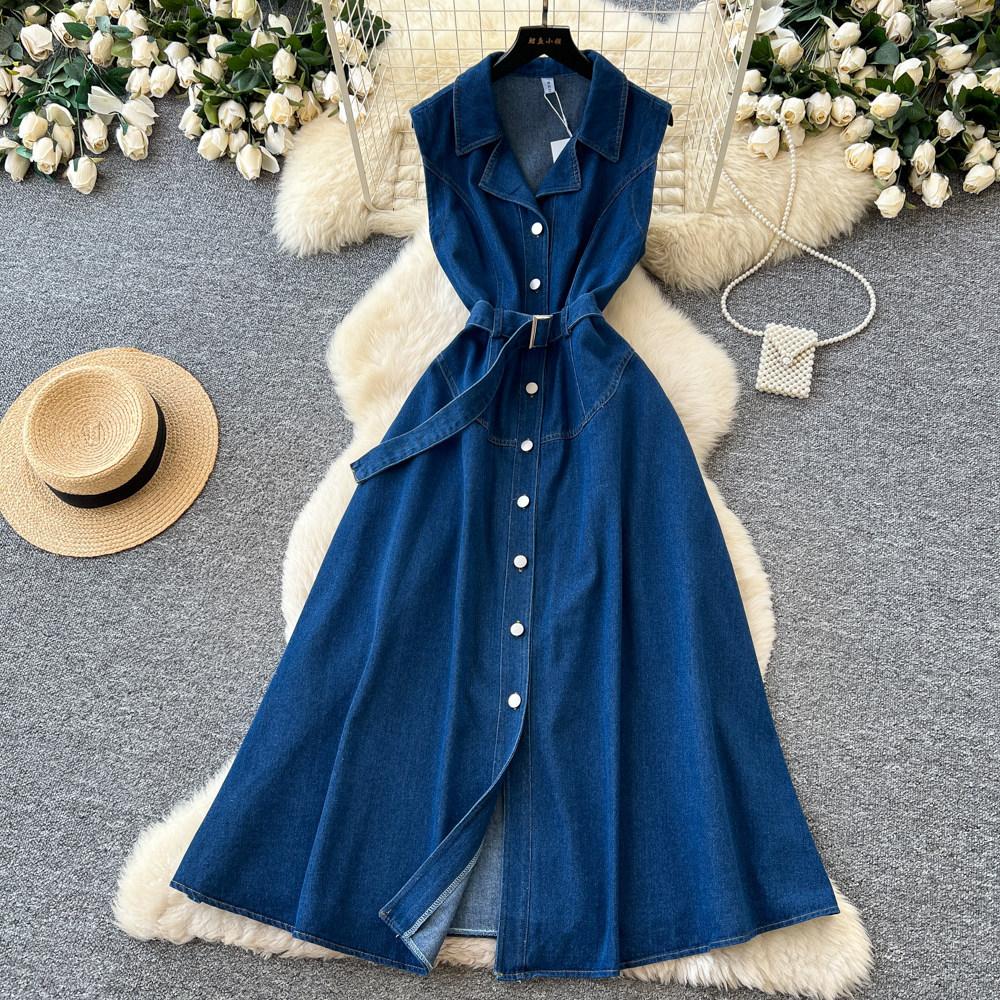 Premium lapel sleeveless single-breasted waist denim dress women's summer thin temperament elegant long dress