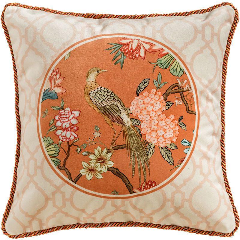 

New Chinese-style Flower and Bird Illustration Style Sofa Cushions for Living Room, Thick Bed Head Soft Padding Backrests 45x45cm