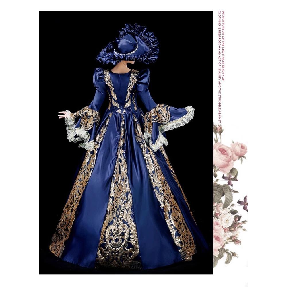 Vintage European Court Gown Women Embroidery Lace Flare Sleeve Victorian Dress with Hat for Party Cosplay