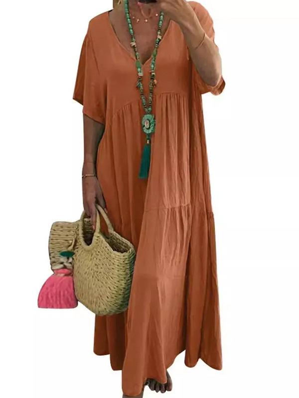 European & American Plus Size V-neck Pure Cotton & Linen Short Sleeve Dress