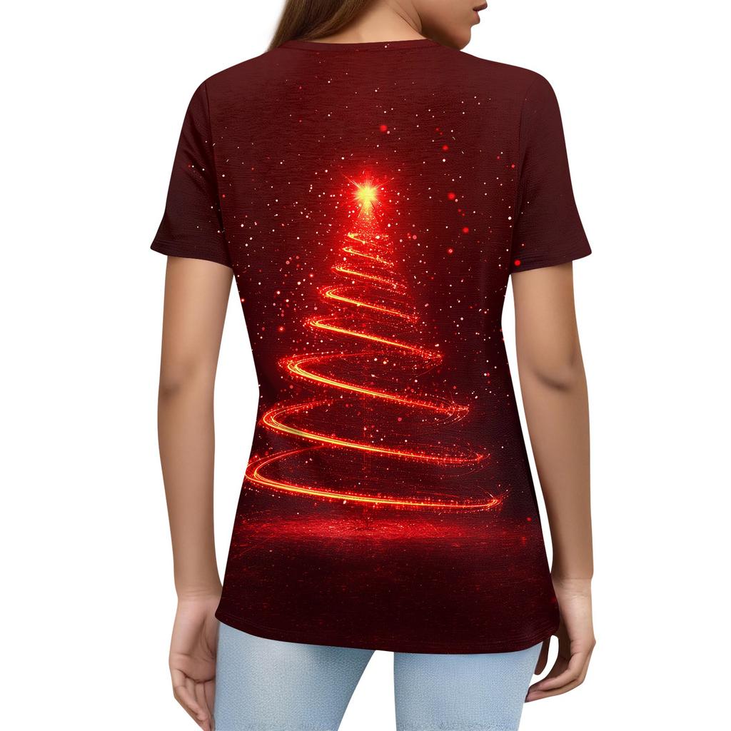 Women's T Shirt Christmas Print Button Short Sleeve Daily Weekend Fashion Basic V- Neck Regular Top