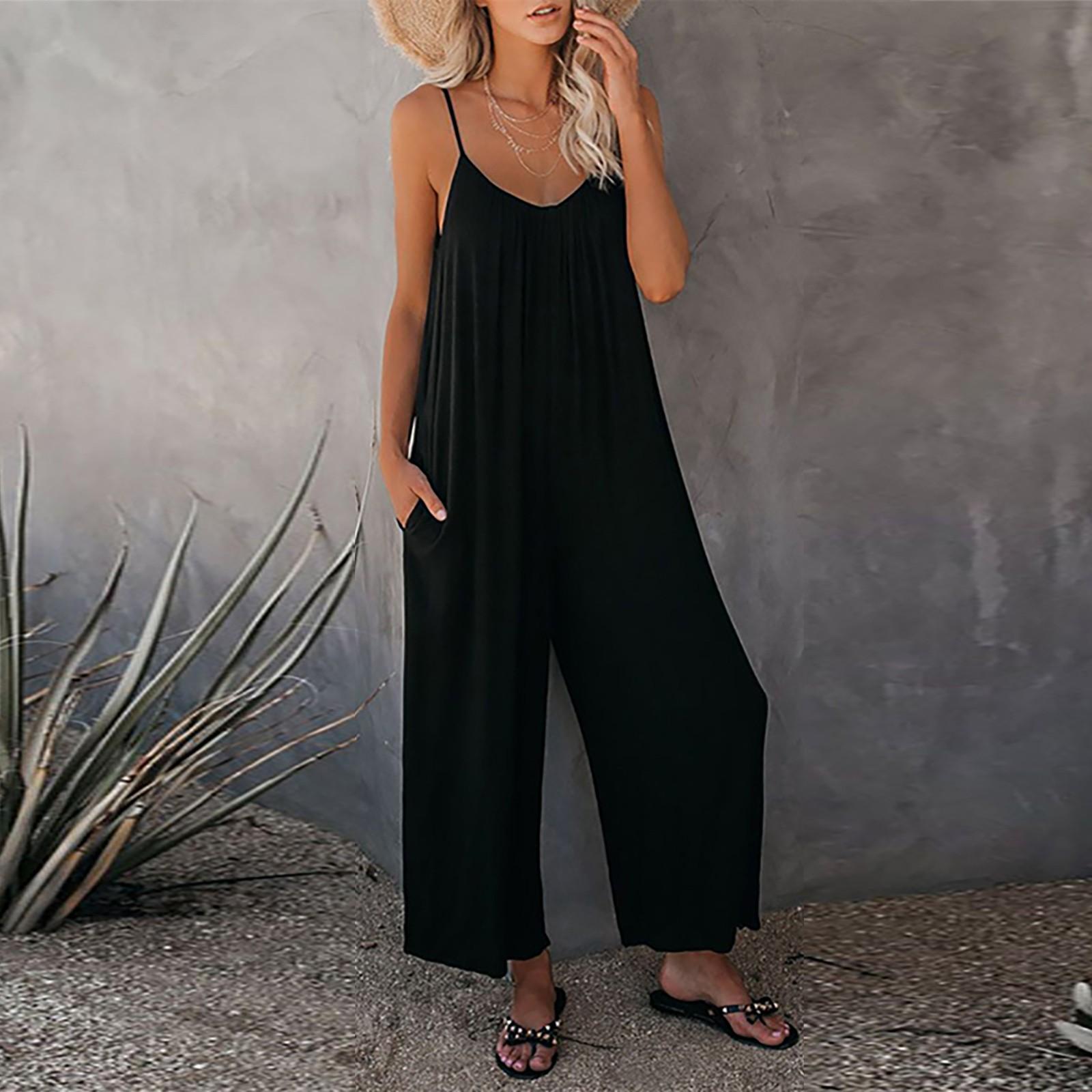 Женский повседневный однотонный свободный комбинезон большого размера с карманами — фото 7