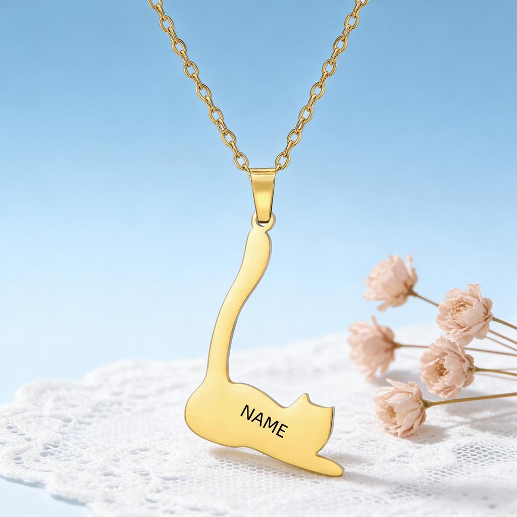 Customized Name Text Long Tail Lying Cat Necklace Stainless Steel Cat Enthusiast Hollow Animal Necklace Simple Jewelry