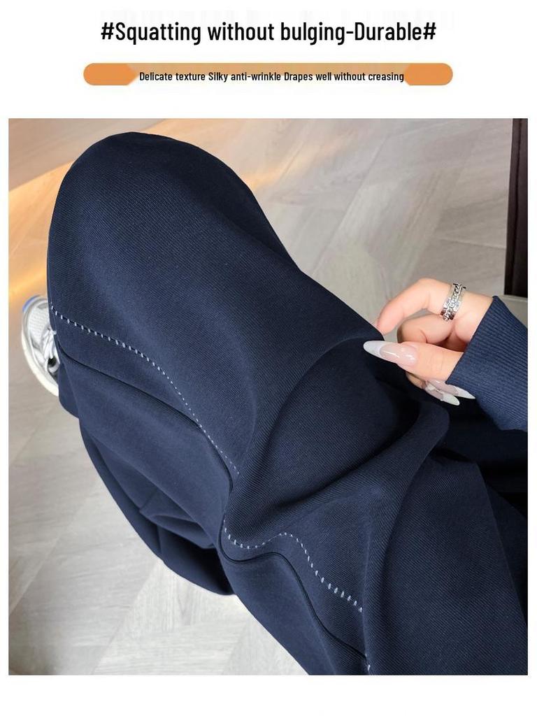 Women's Autumn 2025 Dark Blue High-Waisted Floor-Length Wide-Leg Trousers: Slimming Drape Style, Casual Fit (Model 23276)