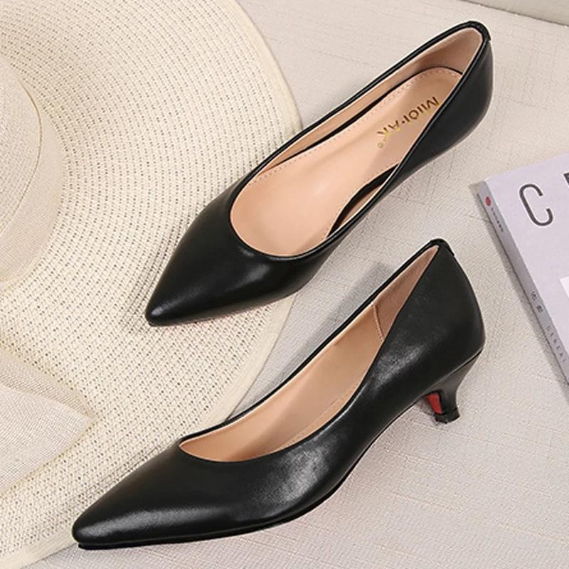 Fashion 2024Women Pumps  OL Style Leather Solid Shoes Low Thin Heels Single Shoes 3.5cmHeels Ladies Office Work Dress Wedges Heels Women