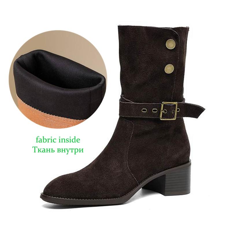 Krazing Pot Cow Suede Nubuck Winter Round Toe Modern Boots Med Heels Slip on Metal Rivets Women Mid-calf Boots