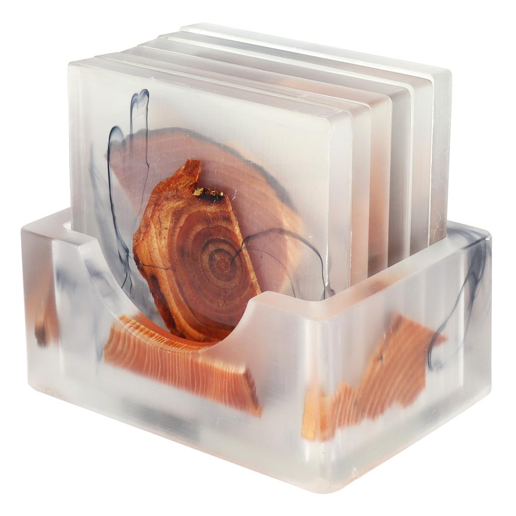 6Pcs Drink Coasters Rack Set Heat Insulation Pine Wood Resin Cup Pad Tabletop Protection(Square