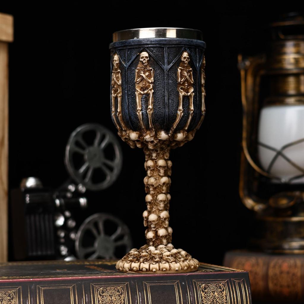 Gothic Skull Wine Goblet with Stainless Steel Beer Cup Intricate Skeleton Design. Ideal for Halloween Gothic Home Decor