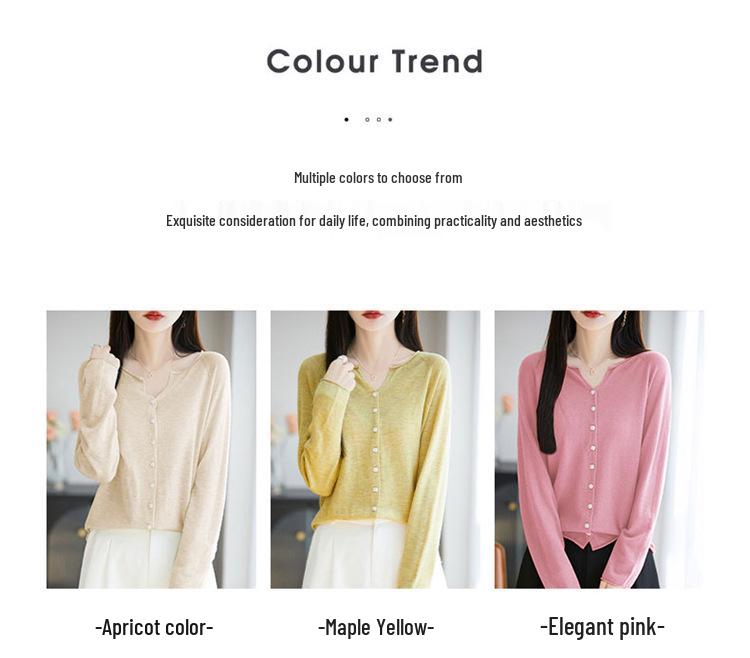 2026 Spring/Autumn Women's V-Neck Fine Wool Knit Cardigan - Long Sleeve, Solid Color, Loose Fit
