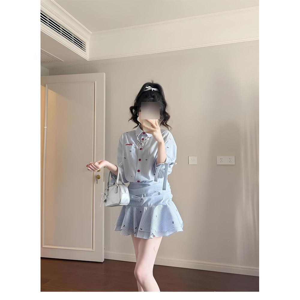 Blue shirt dress children's summer casual new popular college style wear waist pleated skirt