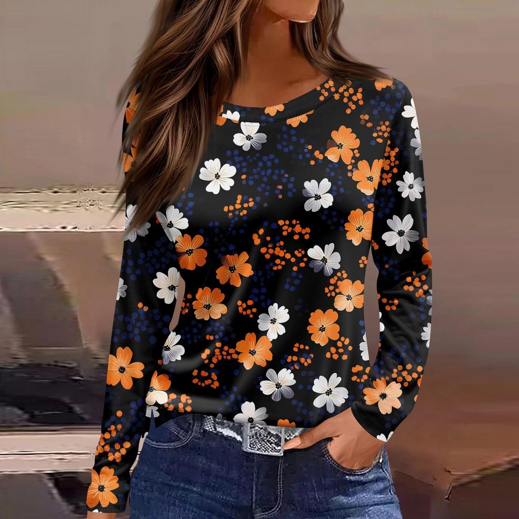 Women's Fashion Casual Slit Hem Round Neck Long Sleeve Loose Printed T-Shirt Ladies Top