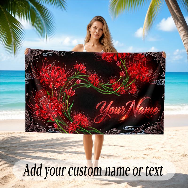 Floral Garden Theme Quick Dry Beach Towel Custom Name Text Print Large Sand Resistant Towel Beach Vacation