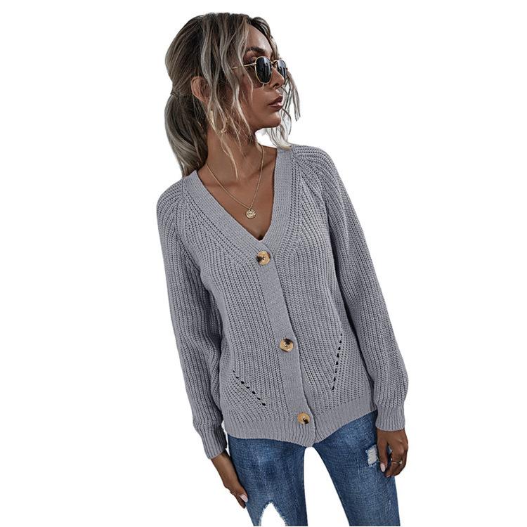 Women's V-Neck Buttoned Knit Cardigan - European & American Style Loose Casual Outerwear for Autumn & Winter