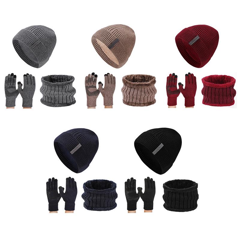 Thick Men's Knitted Hat Scarf Gloves Three-Piece Set Winter Outdoor Ear Protection Warm Cover Sleeve Cap