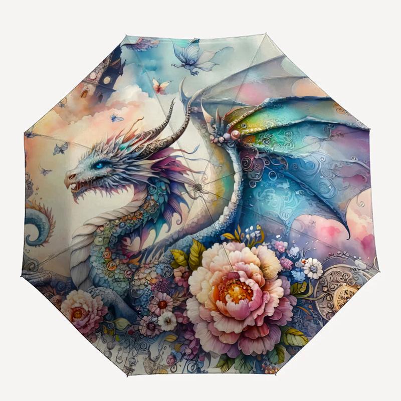 1pc Fantasy Dragon Floral Automatic Opening/Closing Umbrella - Portable 3-Fold Design, 8-Bone Iron Frame Outdoor Umbrella, Perfect Festival Gift