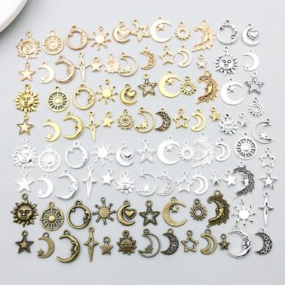 100 Stück Fünffarbige Legierung Sonne, Mond und Stern Anhänger Charms für DIY Schmuck