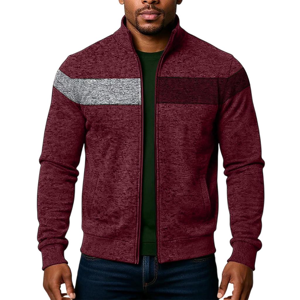 Men's Stand Up Collar Zipper Jacket With Cationic Splicing And Contrasting Colors For Casual Wear