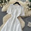 Elegant Summer Midi Dress for Women O-Neck High Waist Solid Spliced Lace with Embroidered Flowers Long Dress New Fashion