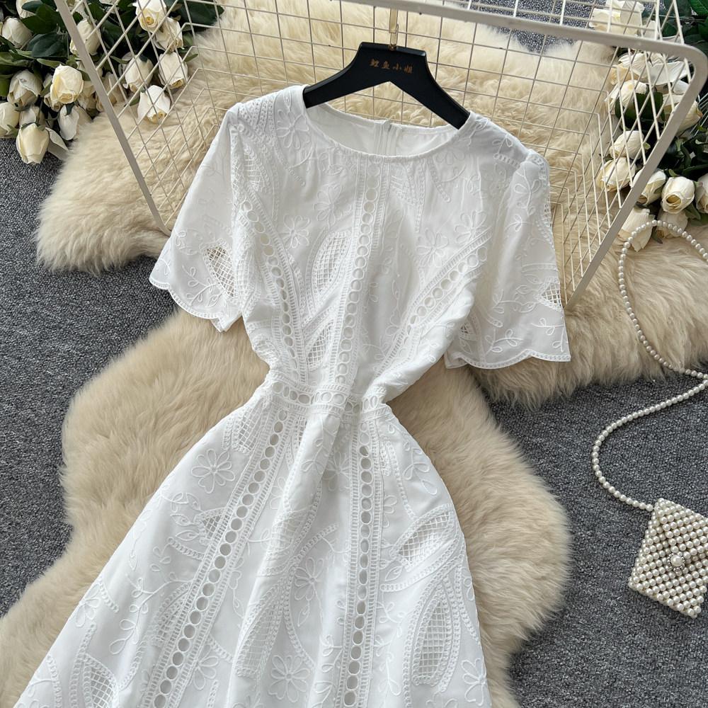 Elegant Summer Midi Dress for Women O-Neck High Waist Solid Spliced Lace with Embroidered Flowers Long Dress New Fashion