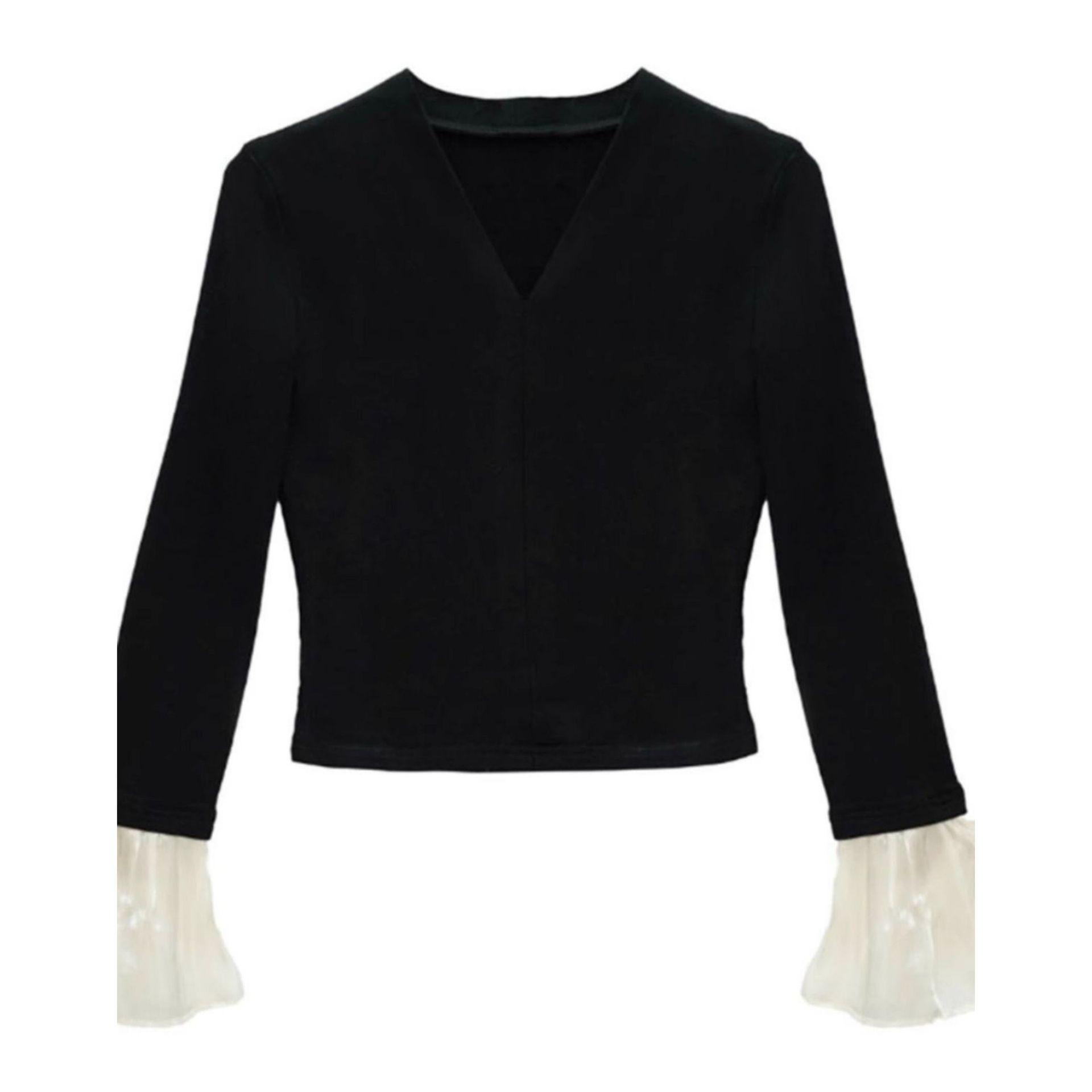 

Элегантный топ с V-образным вырезом, пэчворком и рукавами-колокольчиками - Осенне-зимний облегающий базовый слой Large чёрный