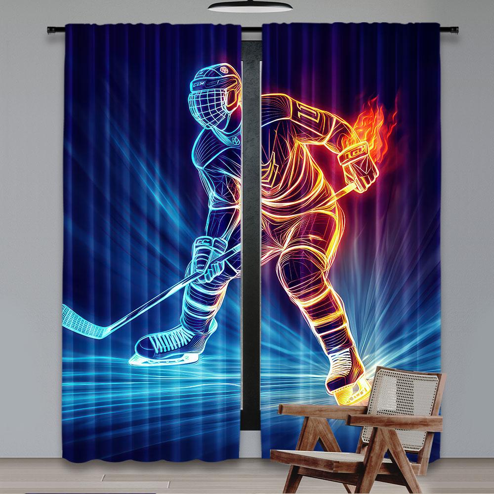 2Pcs Teens Ice Hockey Window Curtains For Bedroom Living Room Sports Games Theme Decor Rod Pocket Design Modern Simplistic