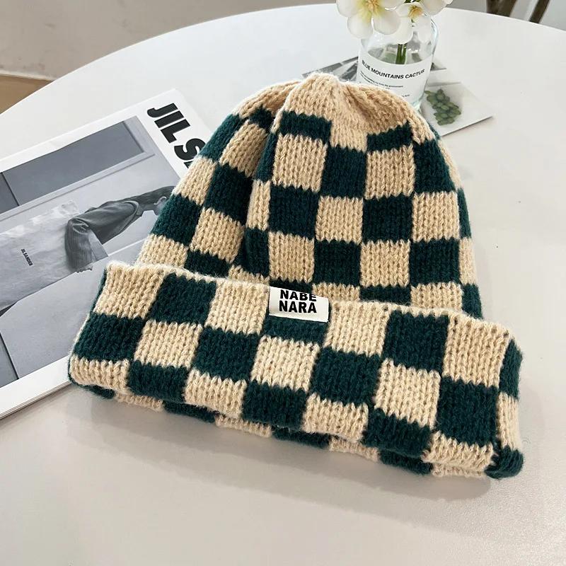 Couple Fashion Plaid Knitted Beanies Winter Pullover Hat Red Green Color Keep Warm Checkerboard Skull Cap Christmas Gifts
