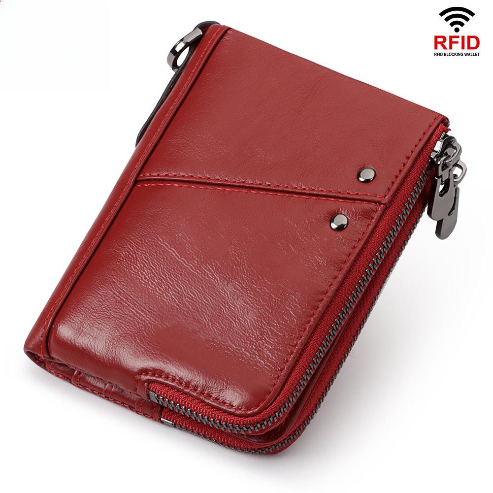 RFID Leather Multicolor Wallet Short Double Zipper Vertical Wallet Fashion Casual Coin Purse