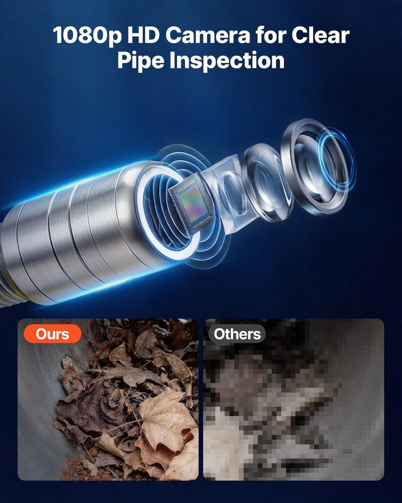 2026 Upgraded Sewer Camera with WiFi, 20m Drain Pipeline Camera, IP68 Snake Plumbing Cameras with Light- 12 LEDS, Wireless WiFi Connectivity to