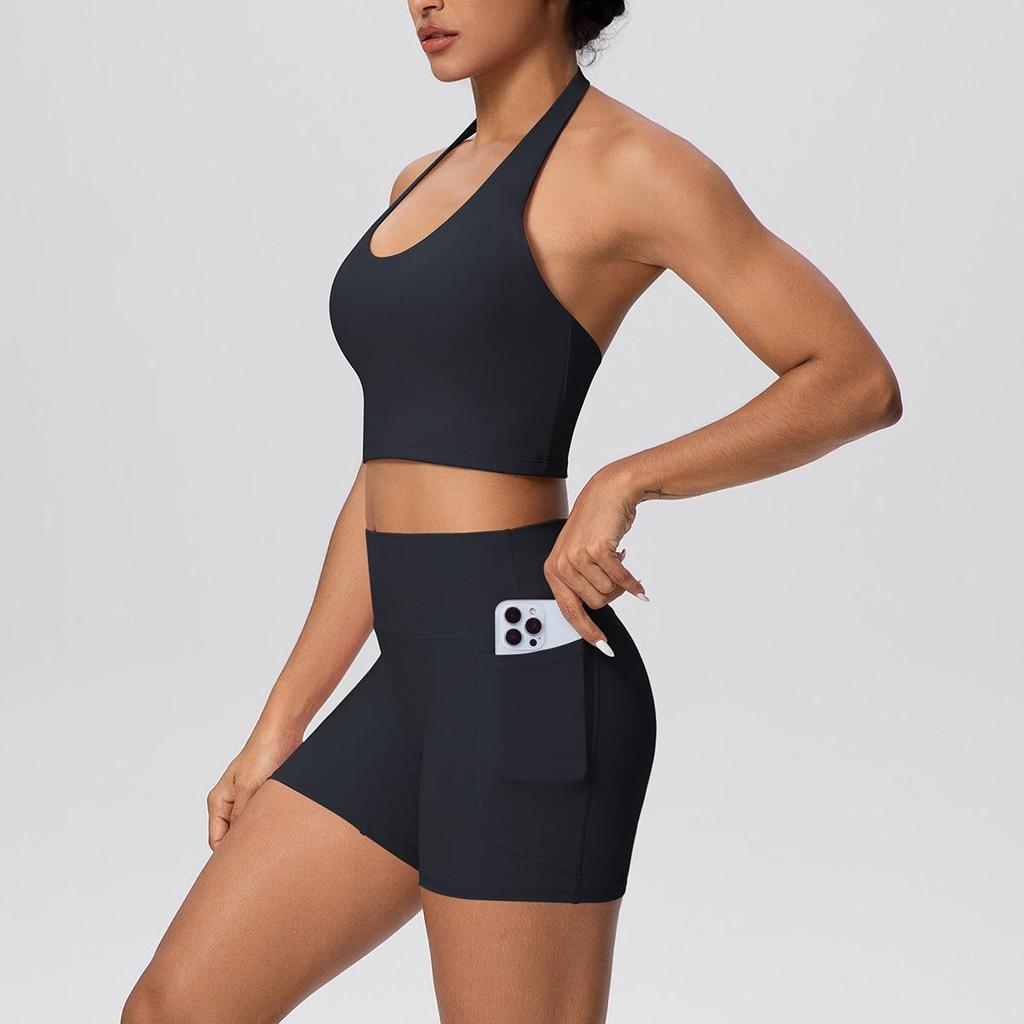 Cross-Border Halter Sports Vest & High-Waist Pocket Yoga Shorts Set