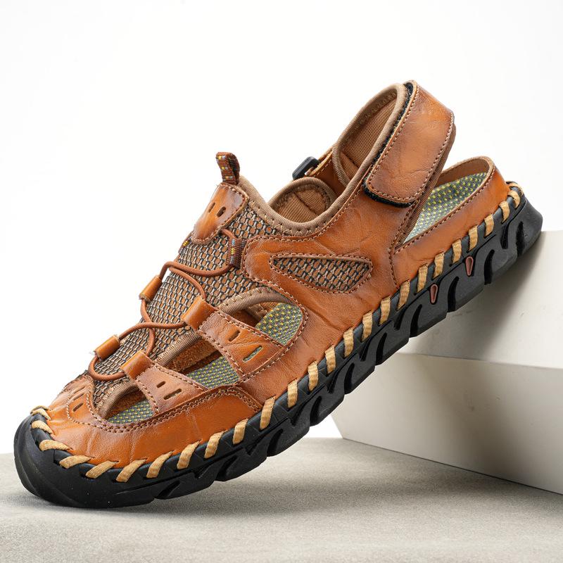 Men's Handmade Velcro Cowhide Mesh Beach Sandals - Summer Casual Breathable Outdoor Shoes