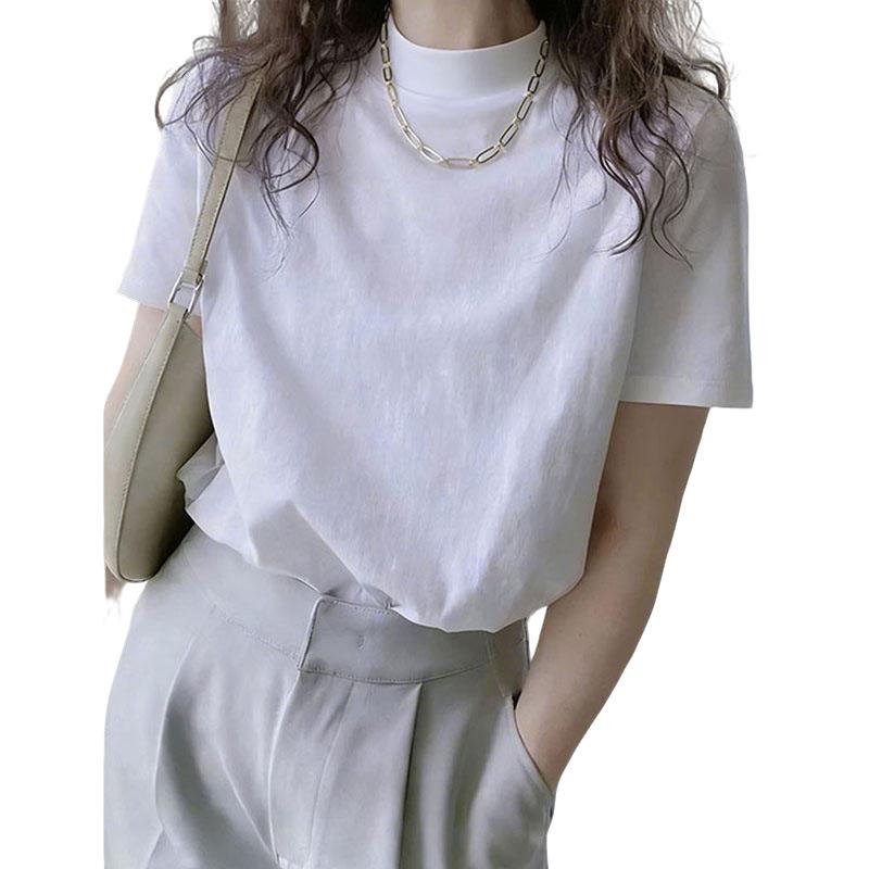 New semi-turtleneck shoulder pure cotton polished short-sleeved t-shirt women's Korean version fashionable versatile foreign style white top